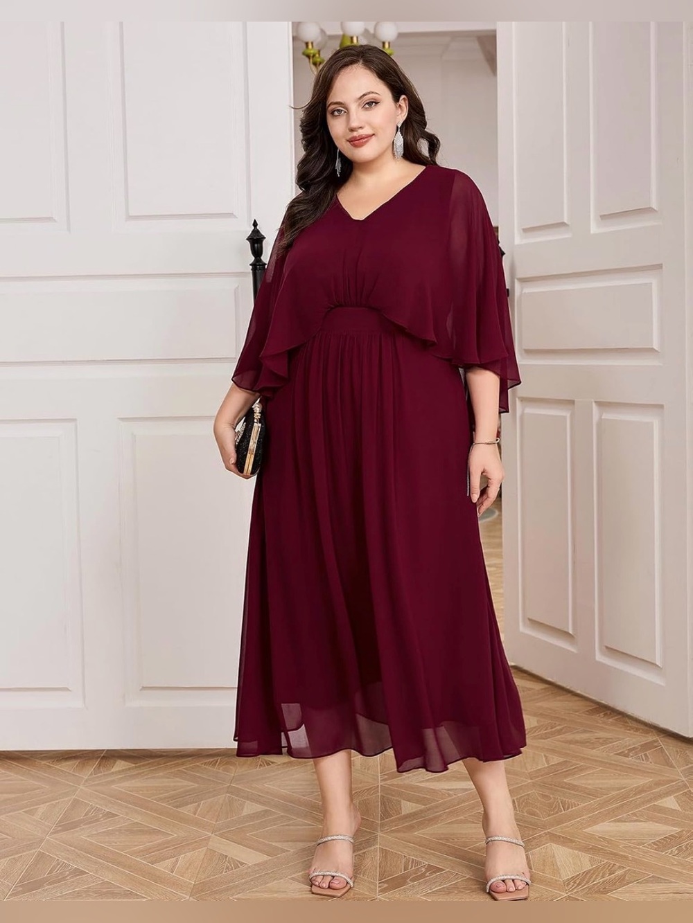 Hanna Nikole Women's Plus Size Cape Cocktail Dress V-Neck A-Line Chiffon Elegant